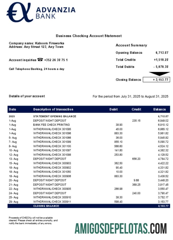 Declaração de empresa comercial Advanzia em formato Word e PDF (1) exemplo